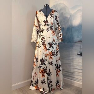 White V-Neck Maxi Dress with Orange & Green Floral Print #137